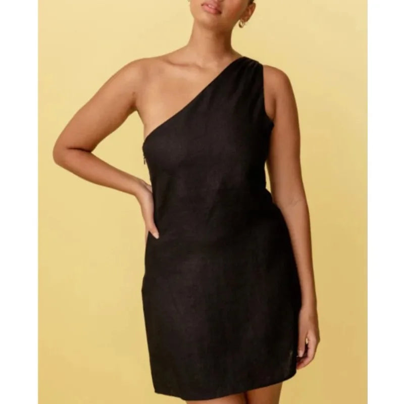 Elegant Asymmetric One-Shoulder Dress – Sexy & Casual Loose-Fit Mini Dress in Breathable Cotton Linen | GlowDress