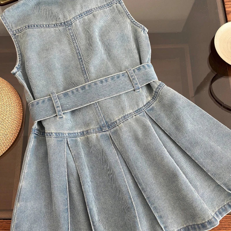 GlowDress Girls’ Denim Tutu Dress – Sleeveless Princess Style with Belt (2–10Y)