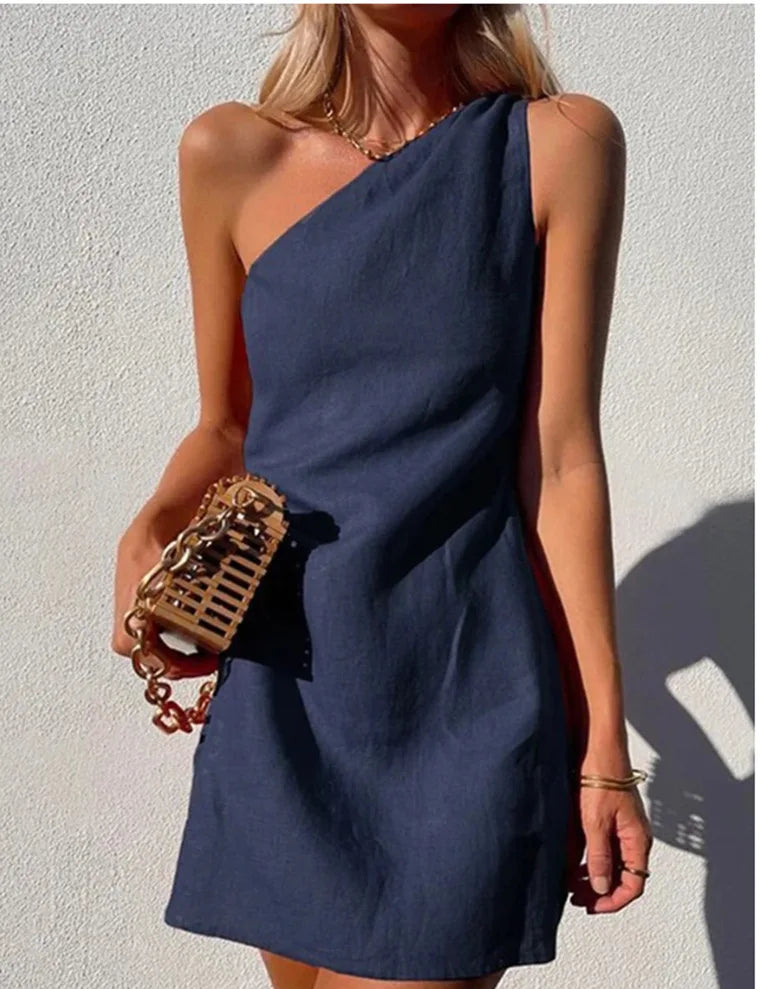 Elegant Asymmetric One-Shoulder Dress – Sexy & Casual Loose-Fit Mini Dress in Breathable Cotton Linen | GlowDress