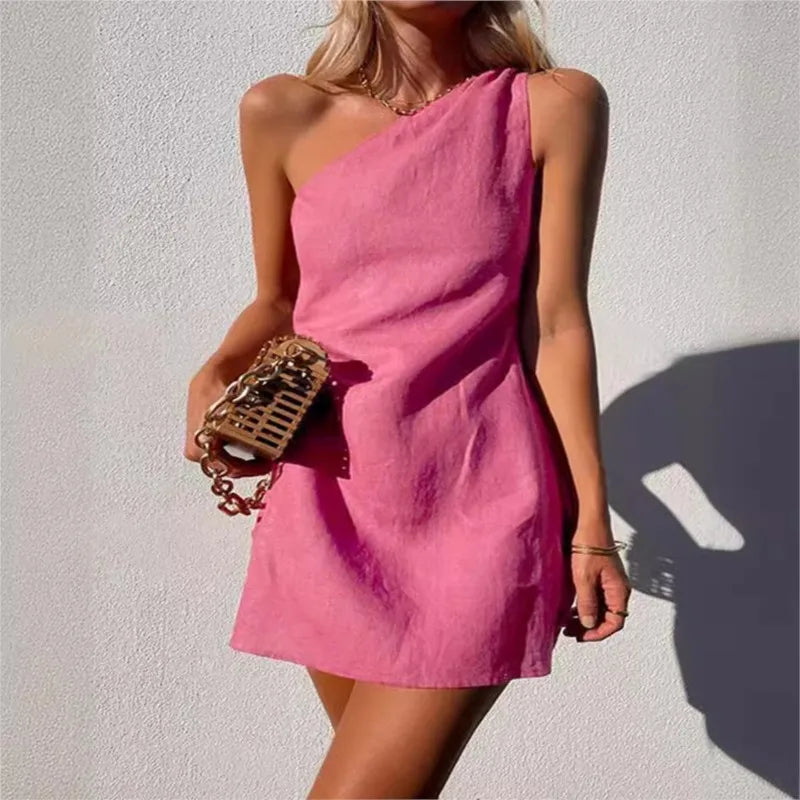 Elegant Asymmetric One-Shoulder Dress – Sexy & Casual Loose-Fit Mini Dress in Breathable Cotton Linen | GlowDress