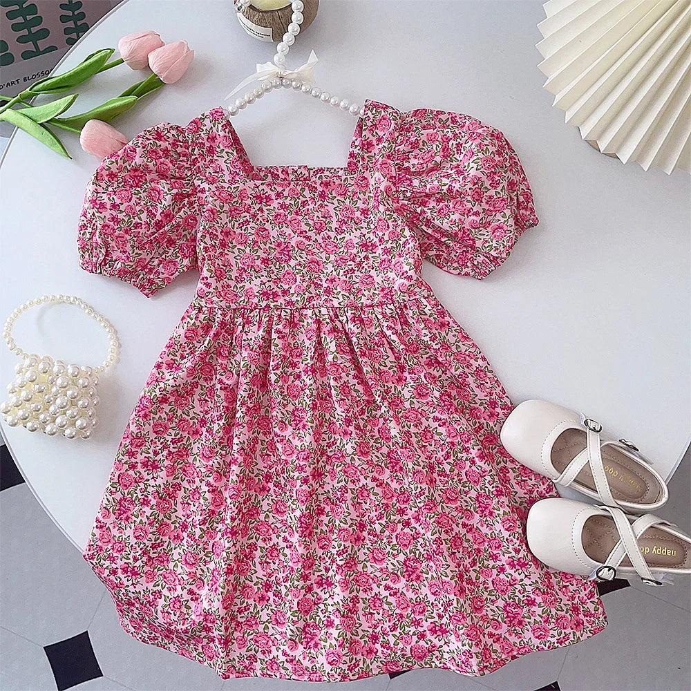 GlowDress Kids’ Floral Dress – Stylish Square Collar Design