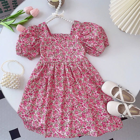 GlowDress Kids’ Floral Dress – Stylish Square Collar Design