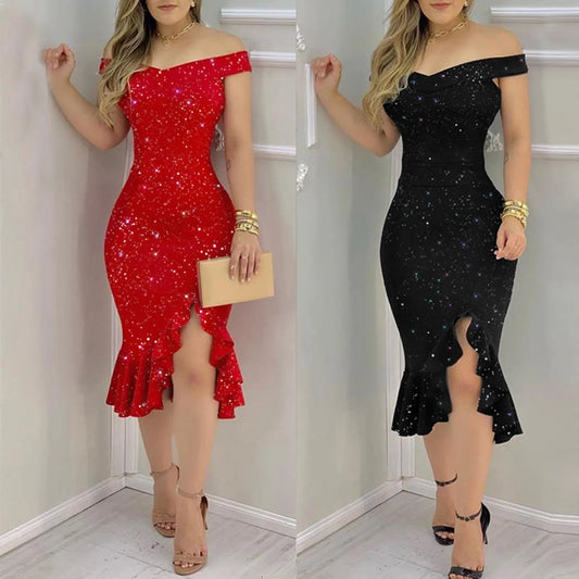 GlowDress Party Sparkle – Off Shoulder & Ruffled