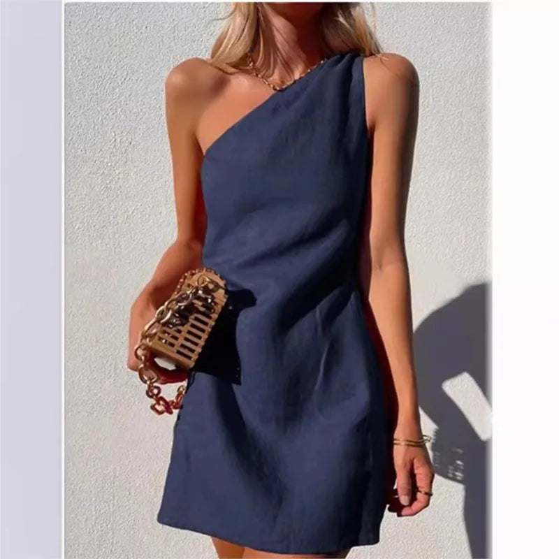 Elegant Asymmetric One-Shoulder Dress – Sexy & Casual Loose-Fit Mini Dress in Breathable Cotton Linen | GlowDress
