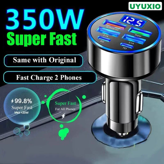 UYUXIO 6-in-1 USB-C Car Phone Charger Adapter with Voltage Display – Dual PD Super Fast Charging