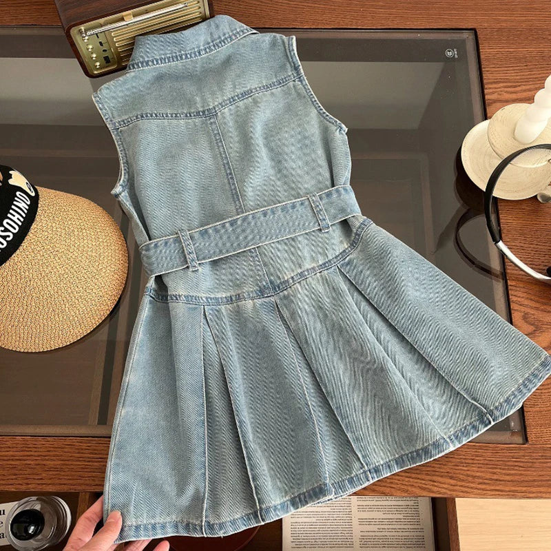GlowDress Girls’ Denim Tutu Dress – Sleeveless Princess Style with Belt (2–10Y)