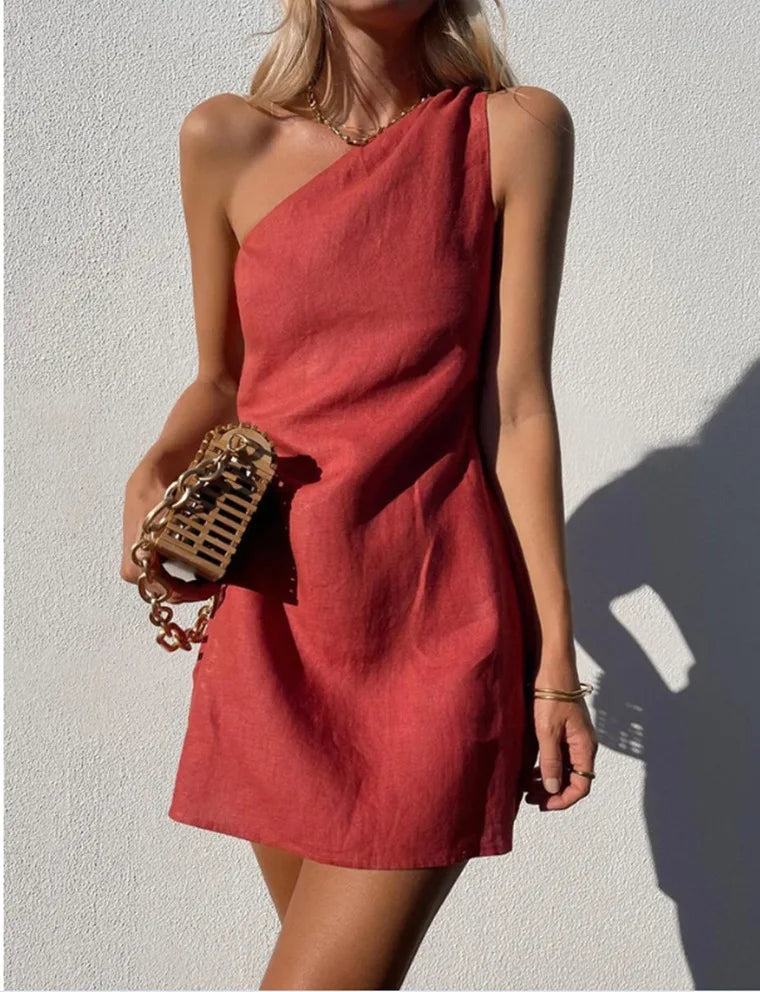 Elegant Asymmetric One-Shoulder Dress – Sexy & Casual Loose-Fit Mini Dress in Breathable Cotton Linen | GlowDress