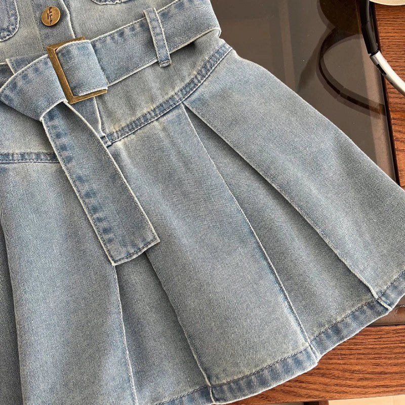 GlowDress Girls’ Denim Tutu Dress – Sleeveless Princess Style with Belt (2–10Y)