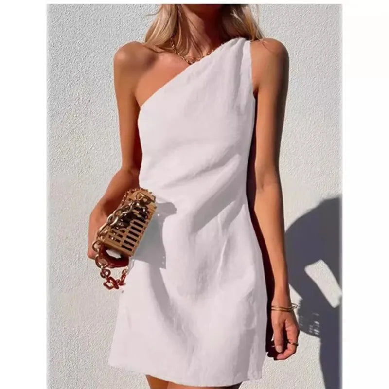 Elegant Asymmetric One-Shoulder Dress – Sexy & Casual Loose-Fit Mini Dress in Breathable Cotton Linen | GlowDress