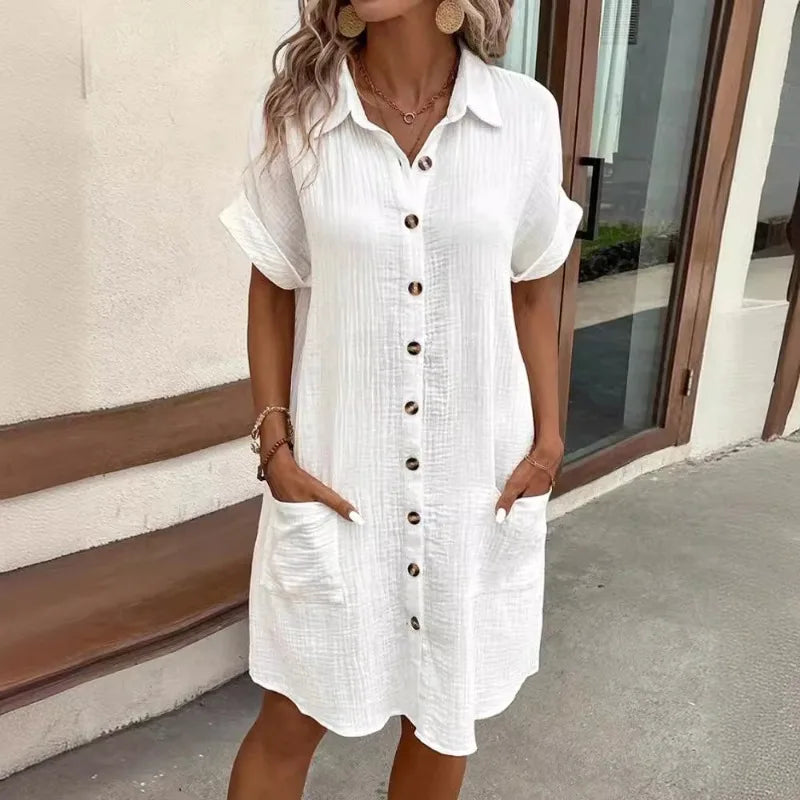 GlowDress Cotton Linen V-Neck Shirt Dress – Minimalist Summer Style with Pockets