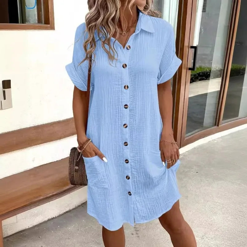 GlowDress Cotton Linen V-Neck Shirt Dress – Minimalist Summer Style with Pockets