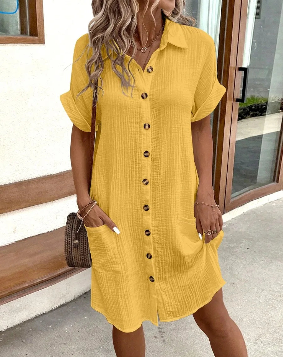 GlowDress Cotton Linen V-Neck Shirt Dress – Minimalist Summer Style with Pockets