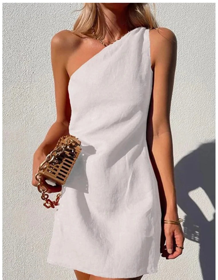 Elegant Asymmetric One-Shoulder Dress – Sexy & Casual Loose-Fit Mini Dress in Breathable Cotton Linen | GlowDress