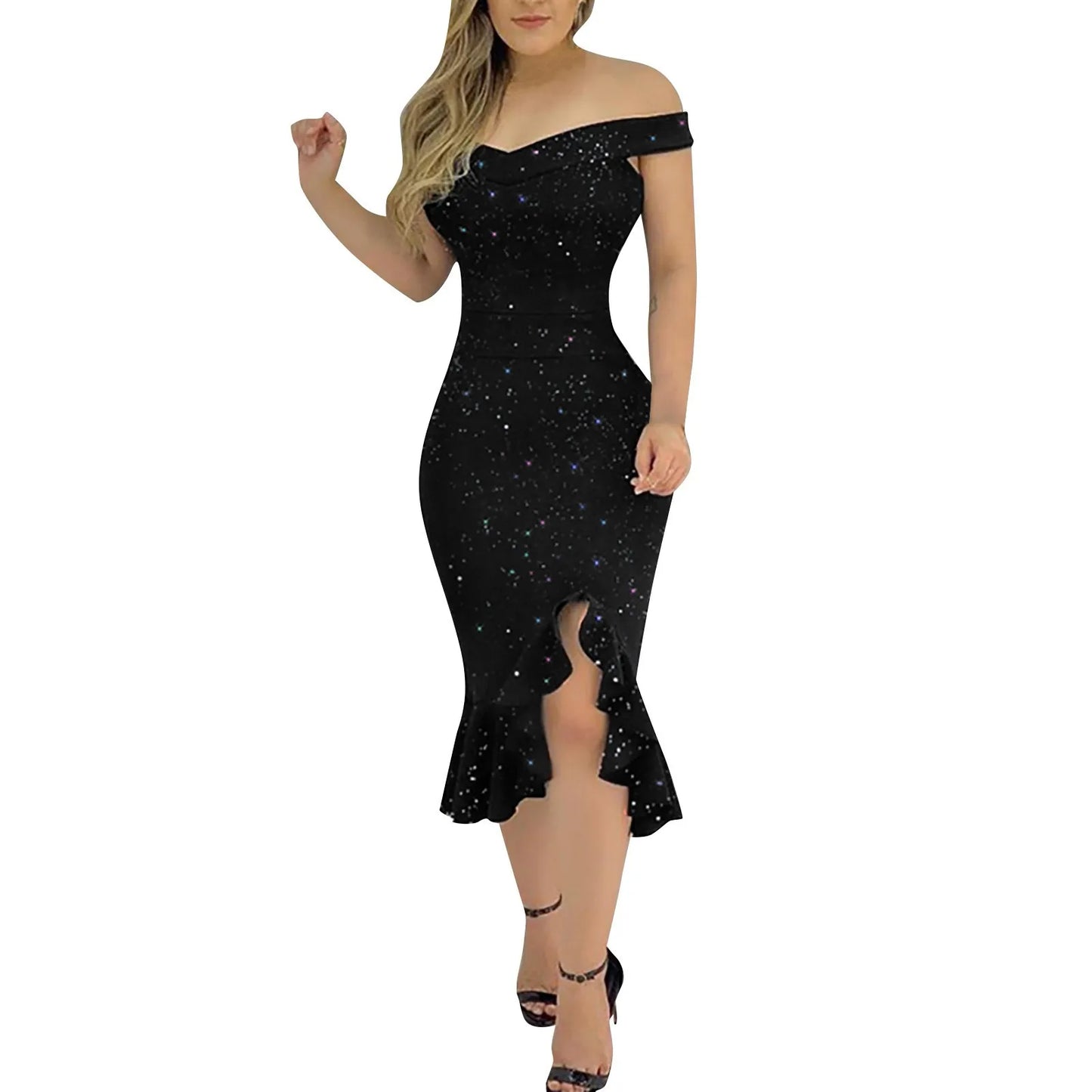 GlowDress Party Sparkle – Off Shoulder & Ruffled