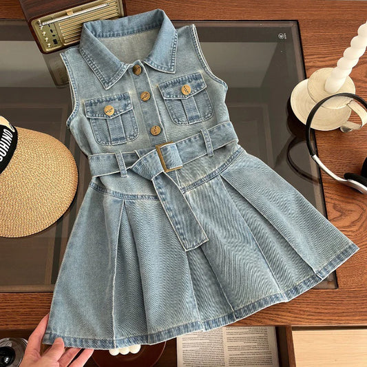 GlowDress Girls’ Denim Tutu Dress – Sleeveless Princess Style with Belt (2–10Y)