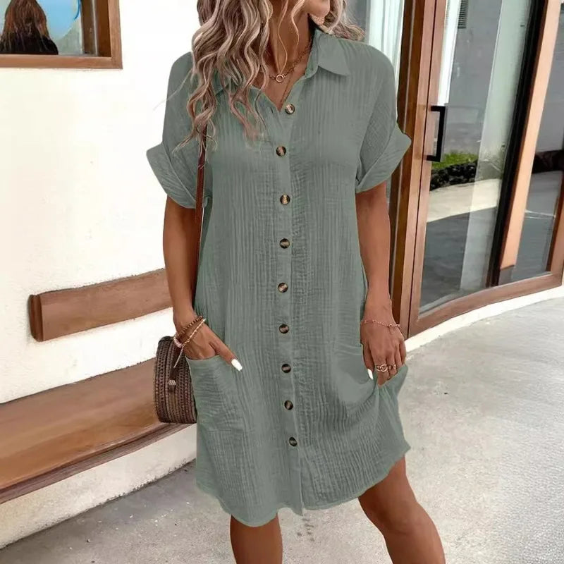 GlowDress Cotton Linen V-Neck Shirt Dress – Minimalist Summer Style with Pockets