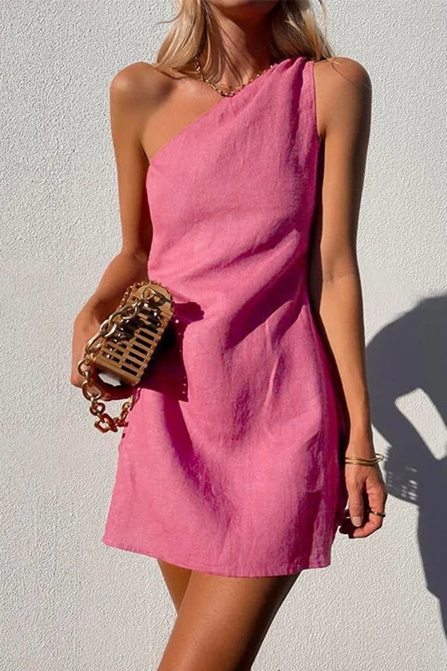 Elegant Asymmetric One-Shoulder Dress – Sexy & Casual Loose-Fit Mini Dress in Breathable Cotton Linen | GlowDress