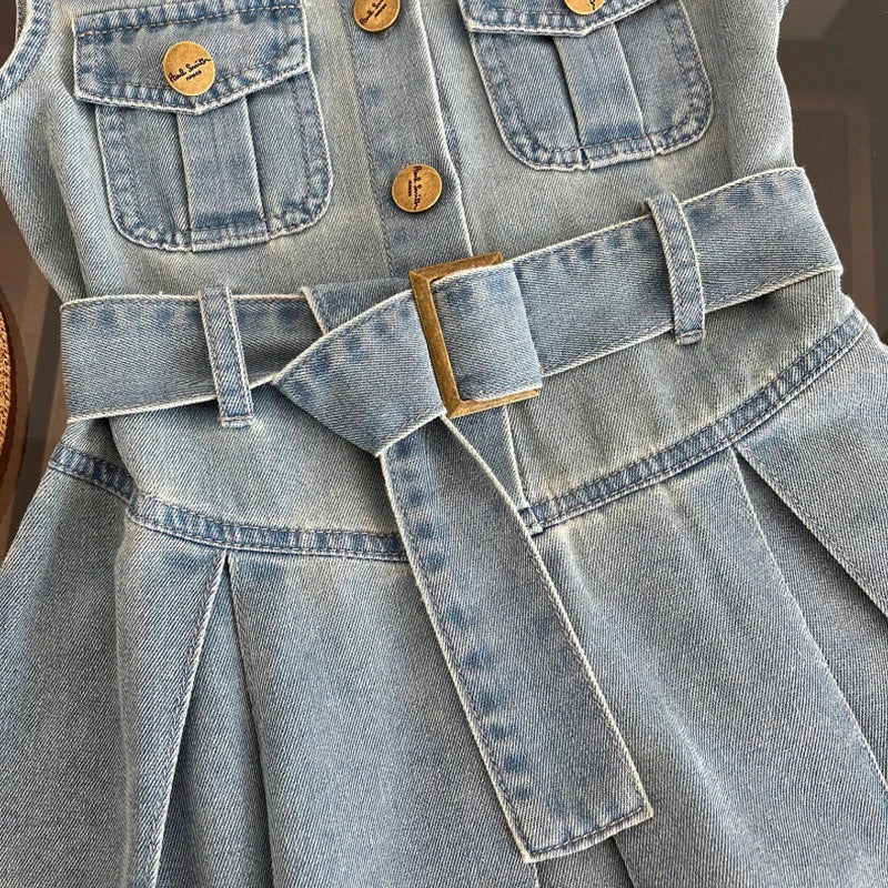 GlowDress Girls’ Denim Tutu Dress – Sleeveless Princess Style with Belt (2–10Y)