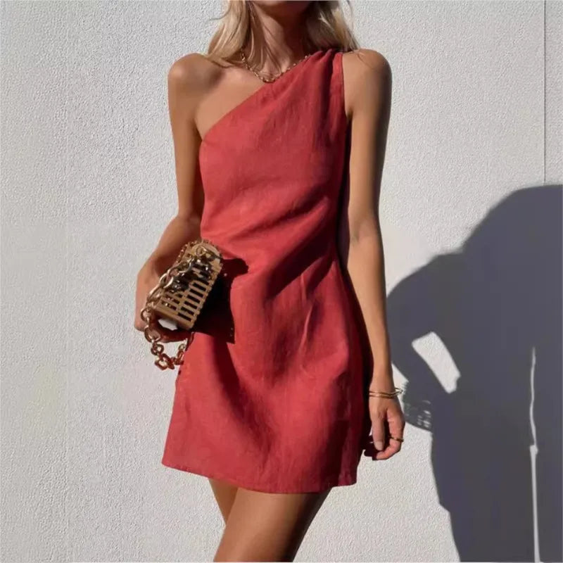 Elegant Asymmetric One-Shoulder Dress – Sexy & Casual Loose-Fit Mini Dress in Breathable Cotton Linen | GlowDress